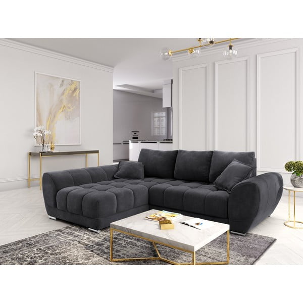 Colțar extensibil cu tapițerie de catifea și șezlong pe partea stângă Windsor & Co Sofas Nuage, gri închis-image-1