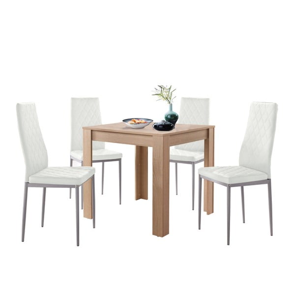 Set masă cu aspect de stejar și 4 scaune albe Støraa Lori and Barak, 80 x 80 cm