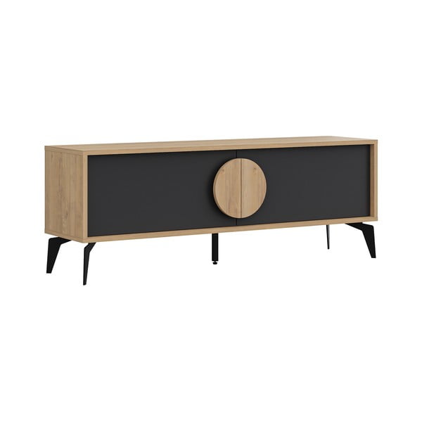 Masă TV neagră/în culoare naturală cu aspect de lemn de stejar 140x51 cm Vae – Marckeric-image-2