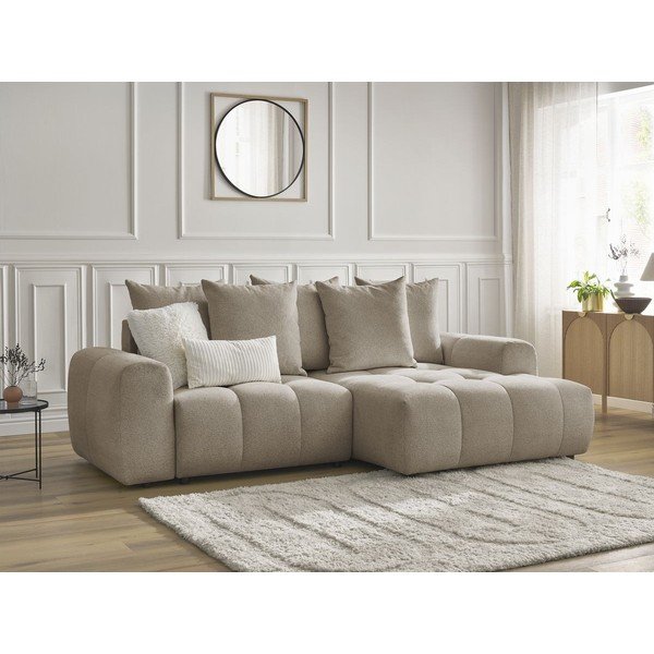 Colțar bej extensibil/cu spațiu de depozitare cu tapițerie din chenille (cu colț pe partea dreaptă/cu șezlong) Roxelane – Bobochic Paris-image-3