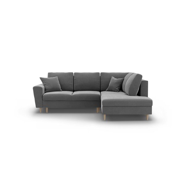 Colțar gri deschis extensibil, cu spațiu de depozitare cu tapițerie din catifea (cu colț pe partea dreaptă-în formă de ”L”) Kyoto – Cosmopolitan Design