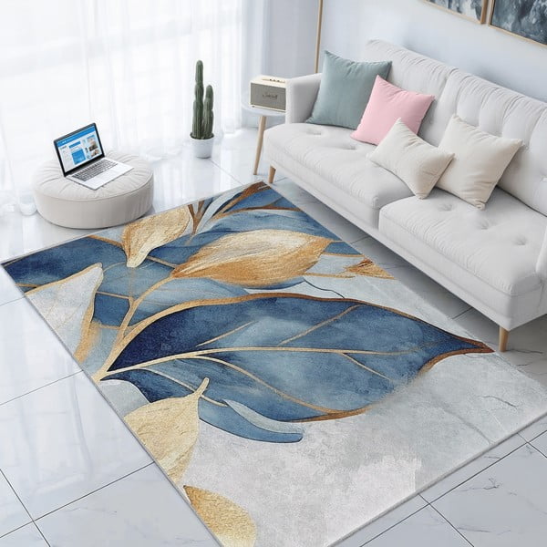Covor albastru/auriu lavabil 160x230 cm Golden Leaves – Mila Home-image-1
