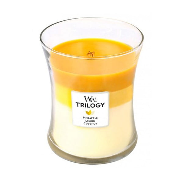 Lumânare parfumată WoodWick Trilogy, aromă de ananas, citrice și cocos, 60 ore