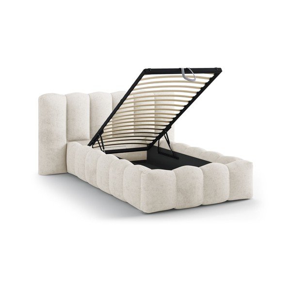 Pat bej tapițat cu spațiu de depozitare cu somieră 90x200 cm Lupine – Micadoni -image-1