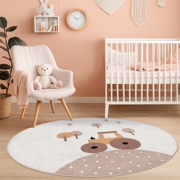 Covor pentru copii bej lavabil ø100 cm Tractor World – Mila Home-image-3