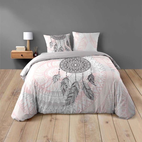 Lenjerie de pat albă/roz din bumbac pentru pat dublu 200x200 cm Namaste – douceur d'intérieur