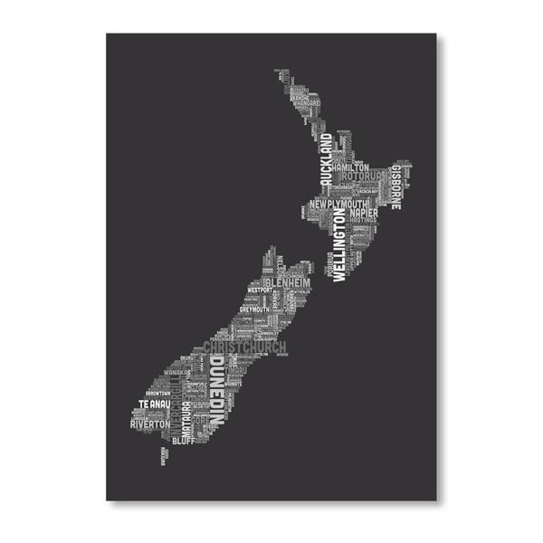 Poster cu hartă Noua Zeelanda Americanflatt, 60 x 42 cm, negru