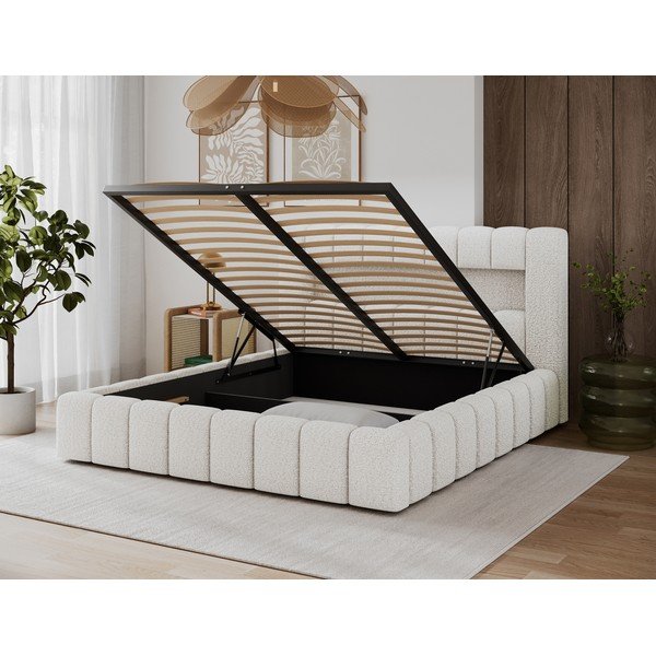 Pat matrimonial crem tapițat cu spațiu de depozitare cu somieră 140x200 cm Lamica – ELTAP-image-4