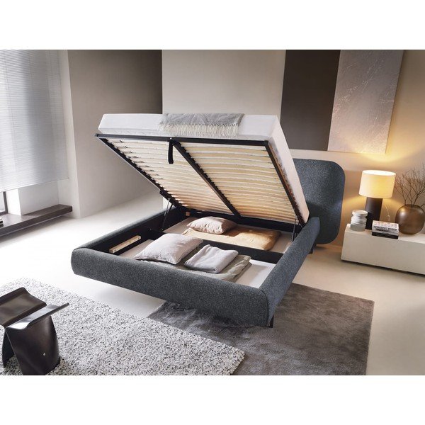 Pat matrimonial albastru tapițat cu spațiu de depozitare cu somieră 160x200 cm Pointt – ELTAP-image-2