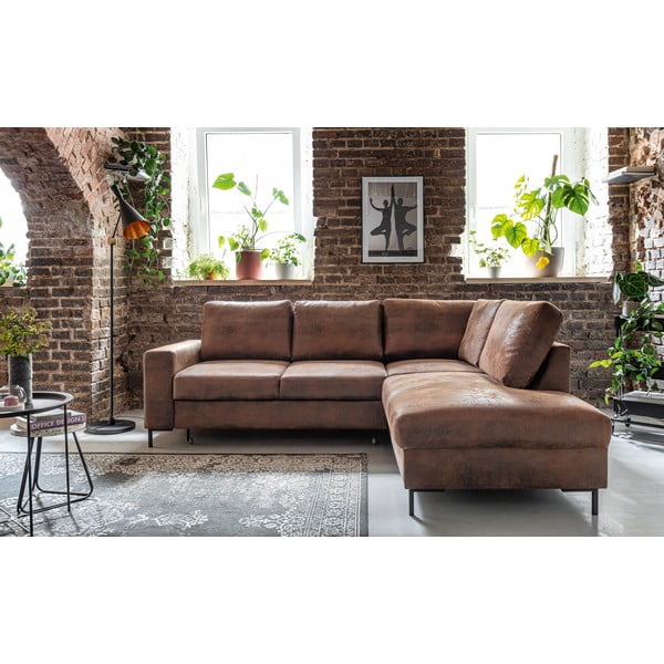 Colțar maro extensibil cu tapițerie din imitație de piele (cu colț pe partea dreaptă) Lofty Lilly – Miuform-image-1