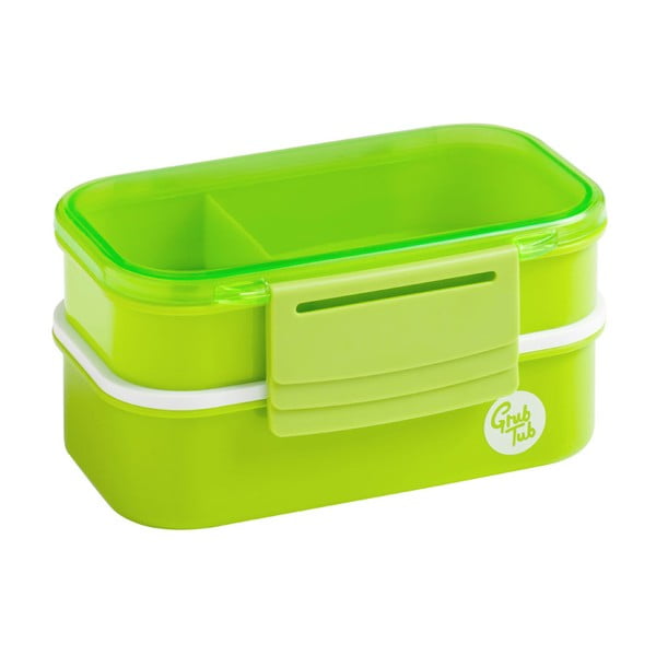 Cutie gustări cu 2 compartimente și tacâmuri Premier Housewares Grub Tub, 13,5 x 10 cm, verde