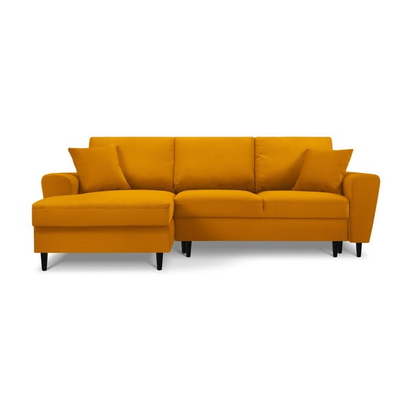 Colțar galben muștar extensibil, cu spațiu de depozitare cu tapițerie din catifea reiată  (cu colț pe partea stângă, cu șezlong) Kyoto – Cosmopolitan Design