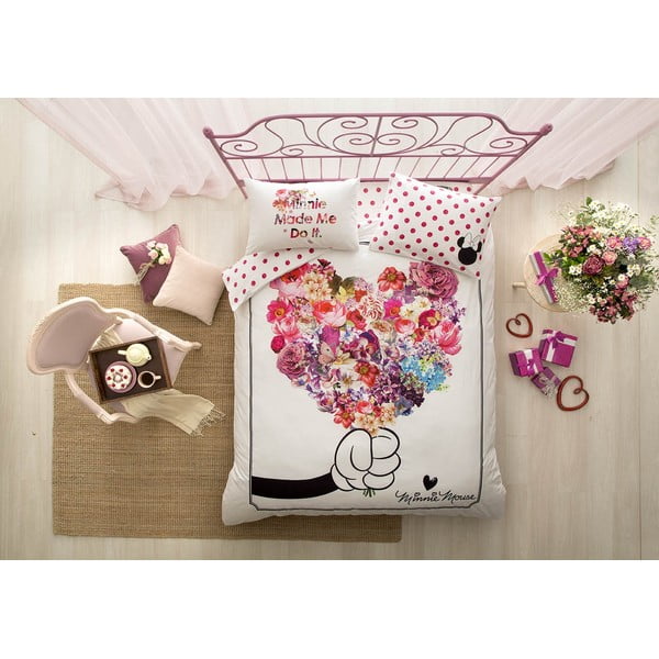 Lenjerie de pat cu cearșaf din bumbac Minnie Flowers, 200 x 220 cm