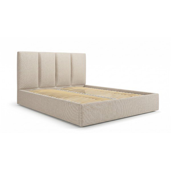 Pat matrimonial 160x200 cm bej tapițat cu spațiu de depozitare cu somieră Juniper – Mazzini Beds