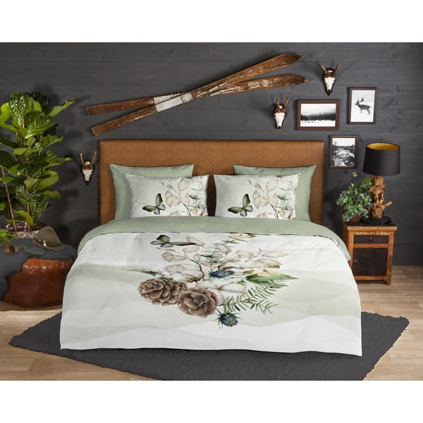 Lenjerie de pat verde/crem din flanelă pentru pat de o persoană/extinsă 140x220 cm Marjan – Good Morning-image-1