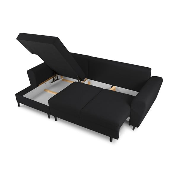 Colțar negru extensibil, cu spațiu de depozitare cu tapițerie din țesătură bouclé (cu colț pe partea stângă, cu șezlong) Kyoto – Cosmopolitan Design-image-3