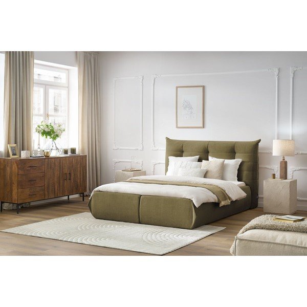 Pat matrimonial verde închis tapițat cu spațiu de depozitare și somieră 160x200 cm Clothilde – Bobochic Paris-image-1