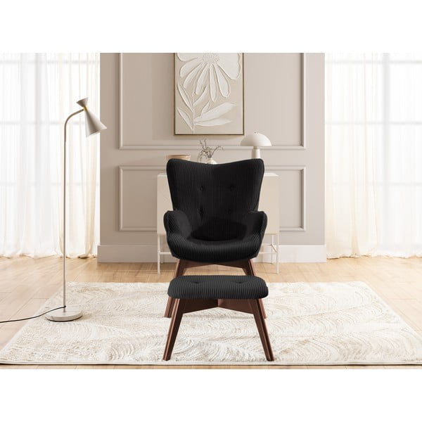 Fotoliu cu taburet negru cu tapițerie din catifea reiată Niko – Ropez-image-1