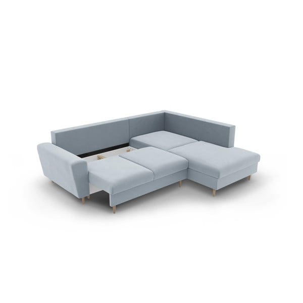 Colțar albastru deschis extensibil, cu spațiu de depozitare cu tapițerie din catifea (cu colț pe partea dreaptă-în formă de ”L”) Kyoto – Cosmopolitan Design-image-3