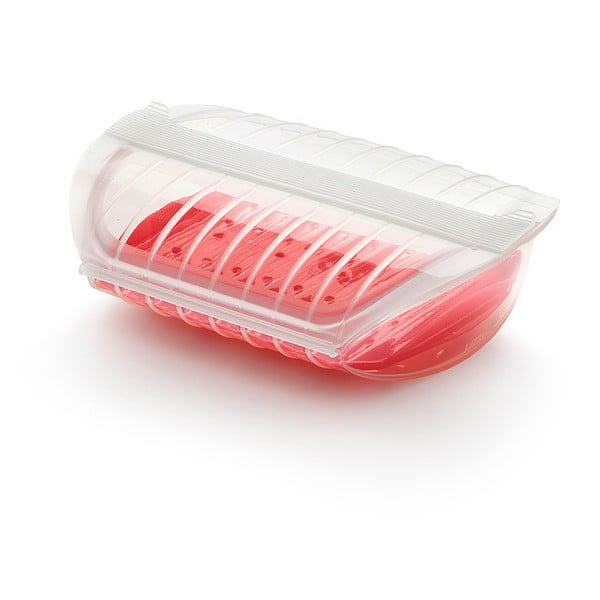 Recipient din silicon cu tavă de gătire la aburi pentru 3- 4 porții Lékué Steam Case, transparent - roșu