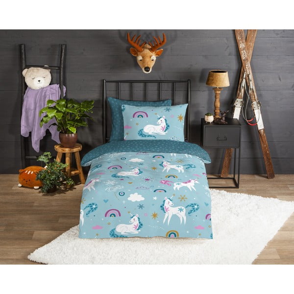 Lenjerie de pat pentru copii albastră din flanelă pentru pat de o persoană, extinsă 140x220 cm Snowycorn – Good Morning-image-1