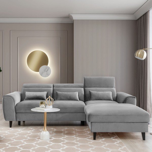 Colțar gri extensibil/cu spațiu de depozitare cu tapițerie din catifea (cu colț pe partea dreaptă/cu șezlong) Foble – ELTAP-image-1