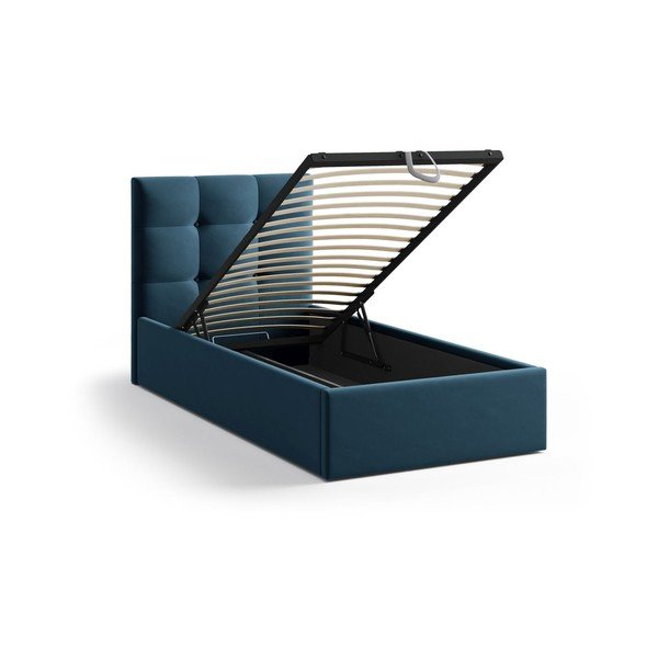 Pat albastru tapițat cu spațiu de depozitare cu somieră 90x200 cm Phaedra – Micadoni -image-1