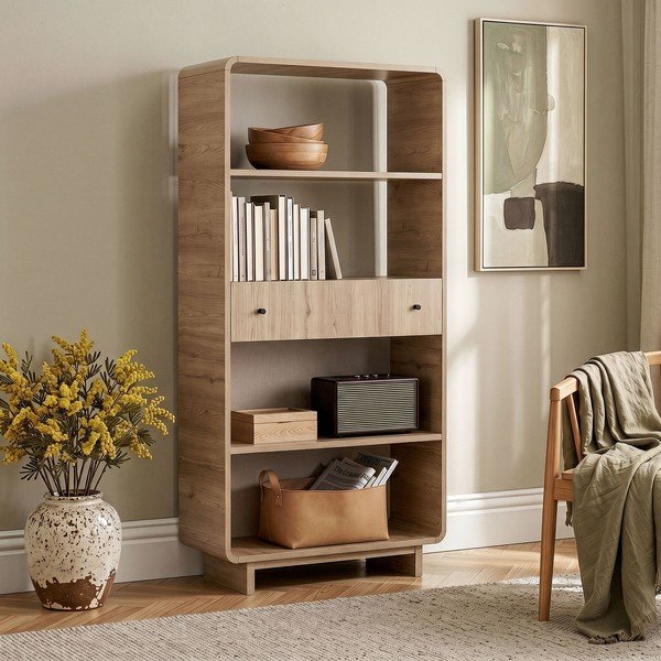 Bibliotecă în culoare naturală deschisă cu aspect de lemn de stejar 78x153x34 cm Senza – Nordure-image-2