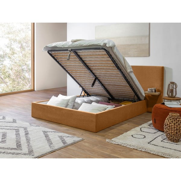 Pat matrimonial galben ocru tapițat cu spațiu de depozitare cu somieră 160x200 cm Blandine – Bobochic Paris-image-3