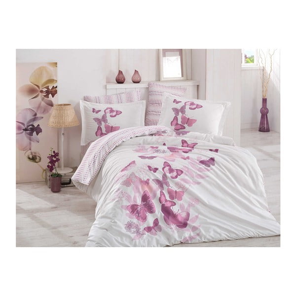 Lenjerie de pat și cearșaf din bumbac poplin pentru pat dublu Sueno Lilac, 200 x 220 cm