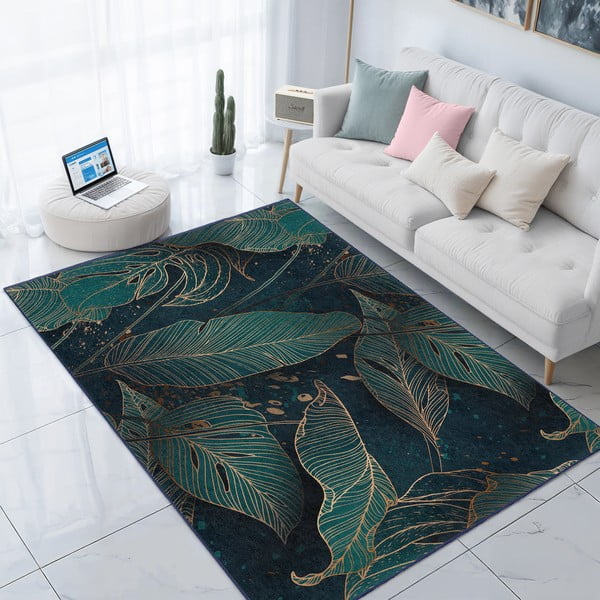 Covor tip traversă culoare petrol lavabil 80x200 cm Midnight Jungle – Mila Home-image-3