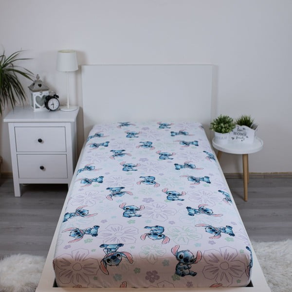 Cearceaf pentru copii alb din bumbac pentru pat de o persoană cu elastic 90x200 cm Lilo and Stitch "Ohana White"  – Jerry Fabrics-image-1
