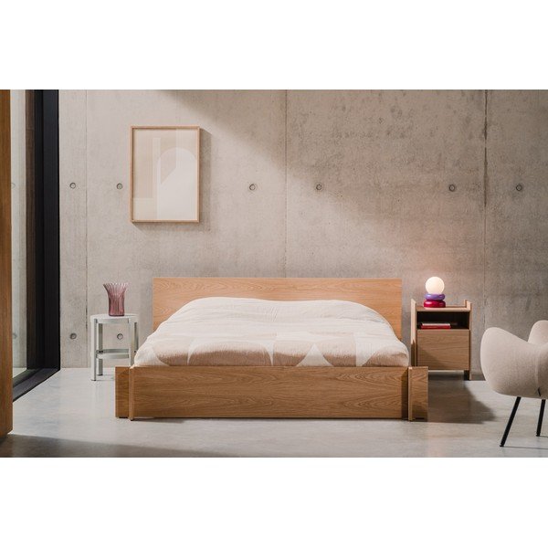 Pat matrimonial în culoare naturală din  placă aglomerată de lemn/din  placaj cu aspect de lemn de stejar cu somieră 160x200 cm Valt – noo.ma-image-2