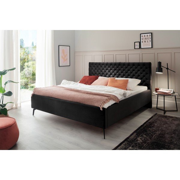 Pat matrimonial negru tapițat cu spațiu de depozitare cu somieră 180x200 cm La Maison – Meise Möbel-image-1