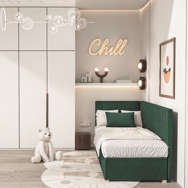Pat pentru copii  verde închis pe colț cu spațiu de depozitare cu saltea 90x200 cm Snugi – Ghado-image-1