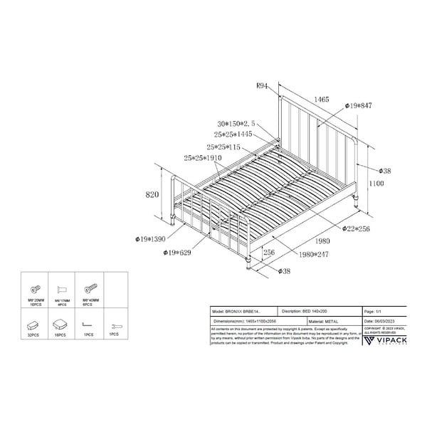 Pat single negru din metal cu somieră 140x200 cm BRONXX – Vipack-image-4
