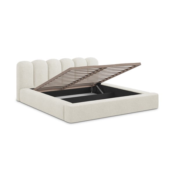 Pat matrimonial crem tapițat cu spațiu de depozitare cu somieră 140x200 cm Mano – Makamii-image-2