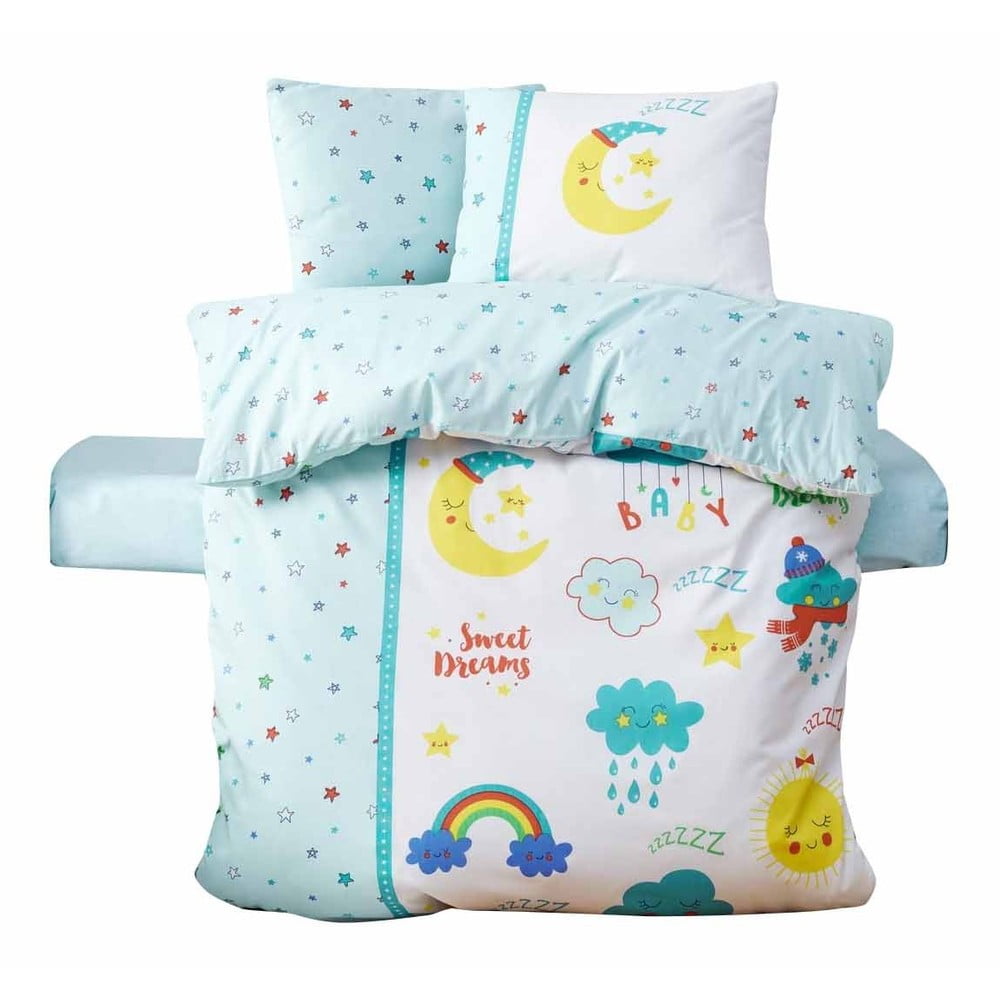 Lenjerie de pat pentru copii albă/verde-mentă din bumbac ranforcé pentru pătuț cu cearceaf inclus, cu 4 piese 100x150 cm – Mijolnir
