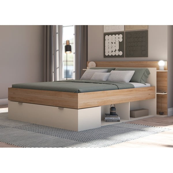 Pat matrimonial alb/în culoare naturală cu aspect de lemn de stejar cu spațiu de depozitare fără somieră 140x190 cm Albo – Marckeric-image-2