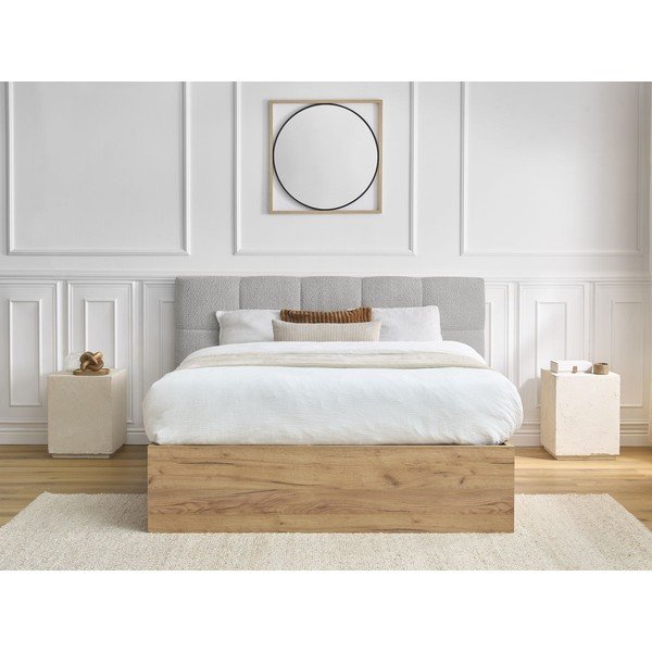 Pat matrimonial gri tapițat/din  placă aglomerată de lemn tapițat cu spațiu de depozitare cu somieră 160x200 cm Kumo – Bobochic Paris-image-4