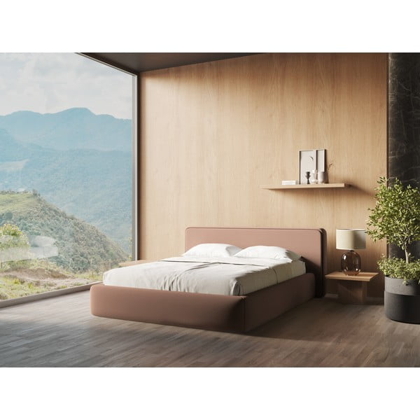 Pat matrimonial roz deschis tapițat cu spațiu de depozitare cu somieră 140x200 cm Kiana – Makamii-image-1