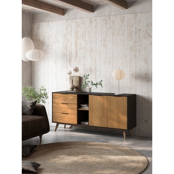 Comodă negru/natural  joasă din lemn de pin 165x80 cm Lavis – Marckeric-image-1