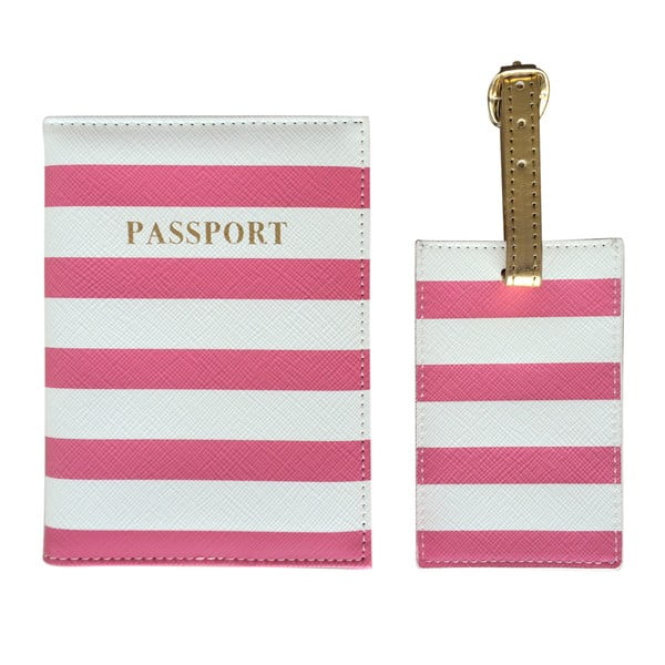 Set de husă pentru pașaport și etichetă pentru bagaj Bombay Duck All Abroad, roz - alb