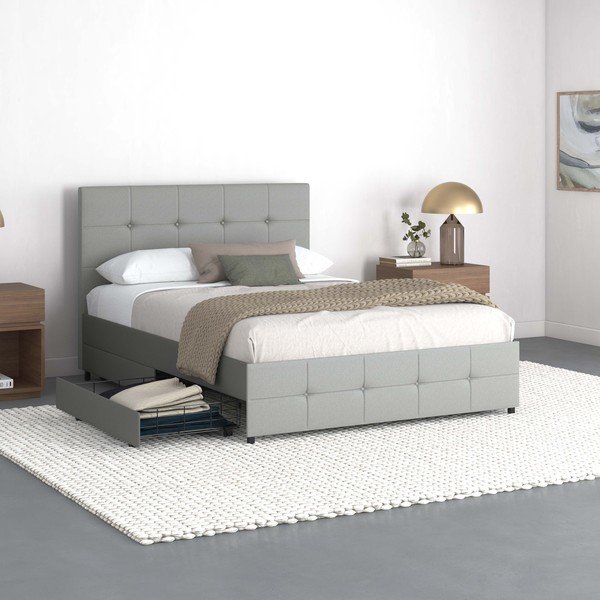 Pat matrimonial gri tapițat cu spațiu de depozitare 140x200 cm Rose – Støraa-image-2