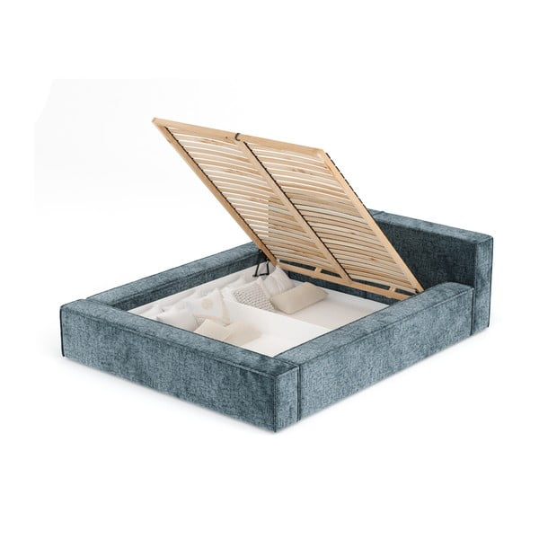 Pat matrimonial albastru prăfuit tapițat cu spațiu de depozitare cu somieră 180x200 cm Voliera – Maison de Rêve-image-4