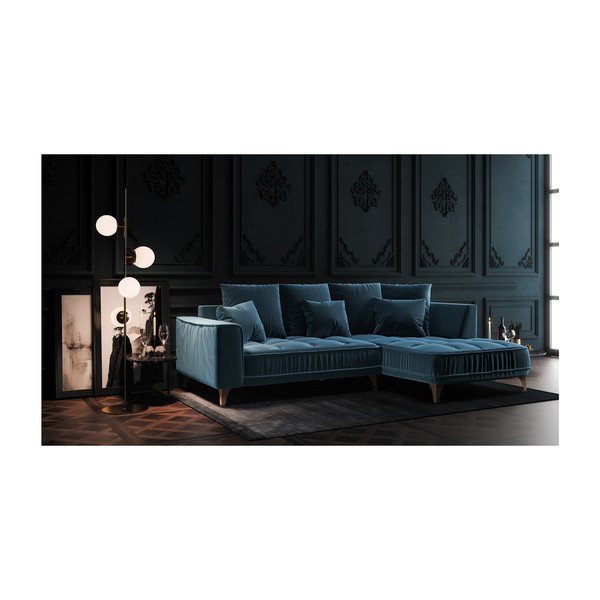 Colțar din catifea devichy Chloe, șezlong dreapta, 256 cm, albastru închis-image-3
