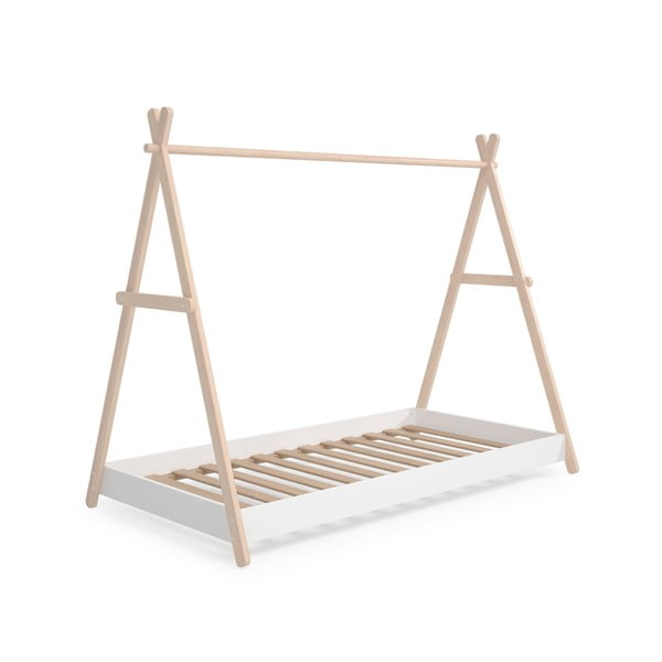 Pat pentru copii  alb/natural de tip casă din lemn masiv de pin 90x200 cm Trufa – Marckeric-image-4