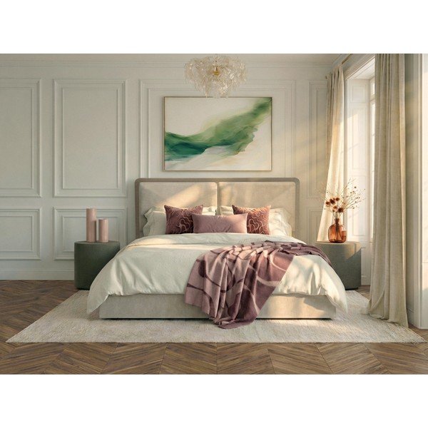 Pat matrimonial bej/taupe tapițat cu spațiu de depozitare cu somieră 180x200 cm Mara – Bobochic Paris-image-3