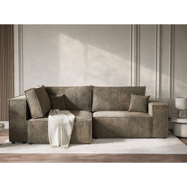 Colțar maro extensibil/cu spațiu de depozitare cu tapițerie din chenille (cu colț pe partea stângă/în formă de ”L”) Tonga – Maison de Rêve-image-1