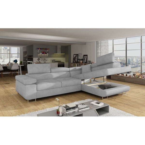 Colțar gri deschis extensibil/cu spațiu de depozitare cu tapițerie din catifea (cu colț pe partea dreaptă/în formă de ”L”) Anton – ELTAP-image-4